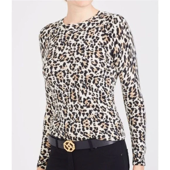 J. McLaughlin cheetah/leopard lightweight cashmere long sleeve crewneck sweater - Picture 1 of 8